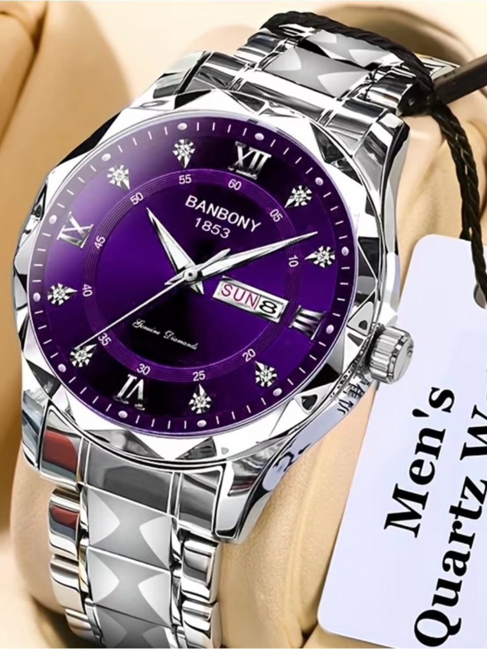 BANBONY Men's Purple Dial Stainless Steel Quartz Watch with Roman Numerals New